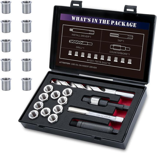 SENNMONN M12X1.75X16.2MM Thread Repair Kit with Insert HSS Drill, Tap, Counterbore, Installation Driver, Metric, 10PCS Stainless Steel Insert M12X1.75X16.2MM