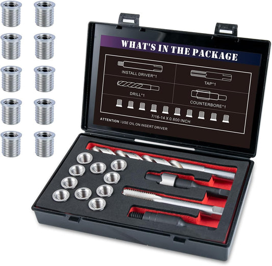 SENNMONN 7/16-14 SAE Thread Repair Kit with Insert HSS Drill, Tap, Counterbore, Installation Driver, 10PCS Stainless Steel Insert 7/16-14X0.600 INCH