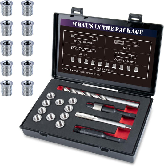 SENNMONN 3/8-16 SAE Thread Repair Kit with Insert HSS Drill, Tap, Counterbore, Installation Driver, 10PCS Stainless Steel Insert 3/8-16X0.520 INCH