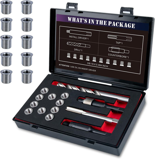 SENNMONN 3/8-16 SAE Thread Repair Kit with Insert HSS Drill, Tap, Counterbore, Installation Driver, 10PCS Stainless Steel Insert 3/8-16X0.484 INCH