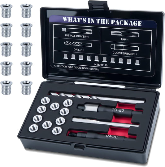 SENNMONN 1/4-20 SAE Thread Repair Kit with Insert HSS Drill, Tap, Counterbore, Installation Driver, 10PCS Stainless Steel Insert 1/4-20 X 0.380 INCH
