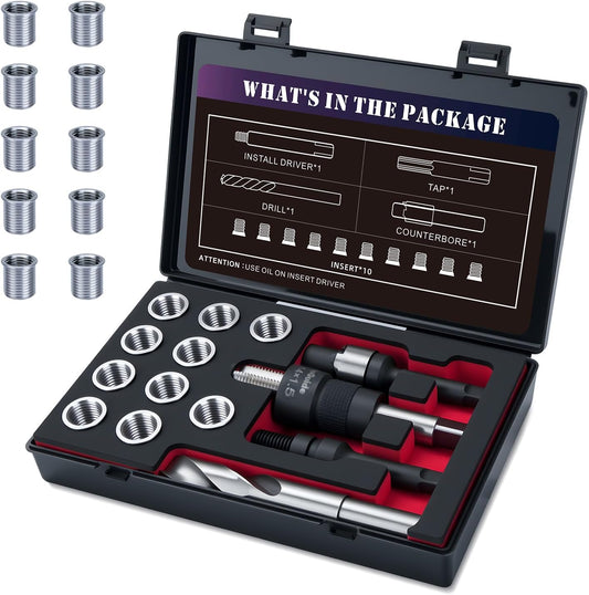 SENNMONN M14X1.5 Thread Repair Kit with Insert HSS Drill, Tap, Counterbore, Installation Driver, Tap Guides, Metric, 10PCS Stainless Steel Insert M14X1.5X17.8MM