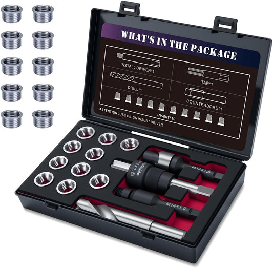 SENNMONN M14X1.5 Thread Repair Kit with Insert HSS Drill, Tap, Counterbore, Installation Driver,Tap Guides, Metric, 10PCS Stainless Steel Insert M14X1.5X 9.4MM