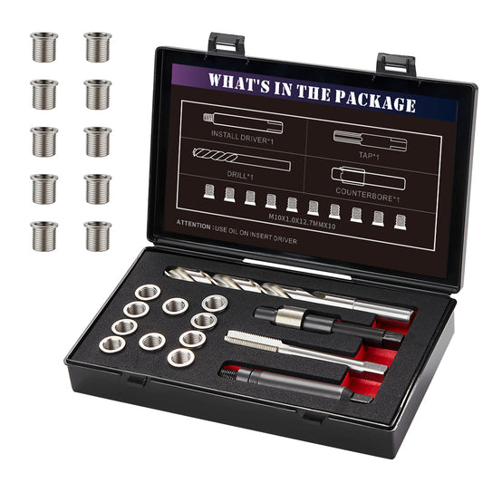 SENNMONN M10X1.0X12.7MM Thread Repair Kit with Insert HSS Drill, Tap, Counterbore, Installation Driver, Metric, 10PCS Stainless Steel Insert M10X1.0X12.7MM