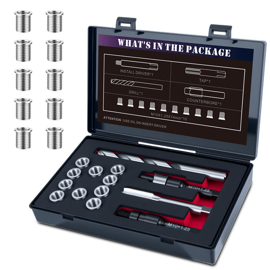 SENNMONN M10X1.25 Thread Repair Kit with 14mm Insert HSS Drill, Tap, Counterbore,Installation Driver,Stainless Steel Insert M10*1.25 * 14mm *10PCS