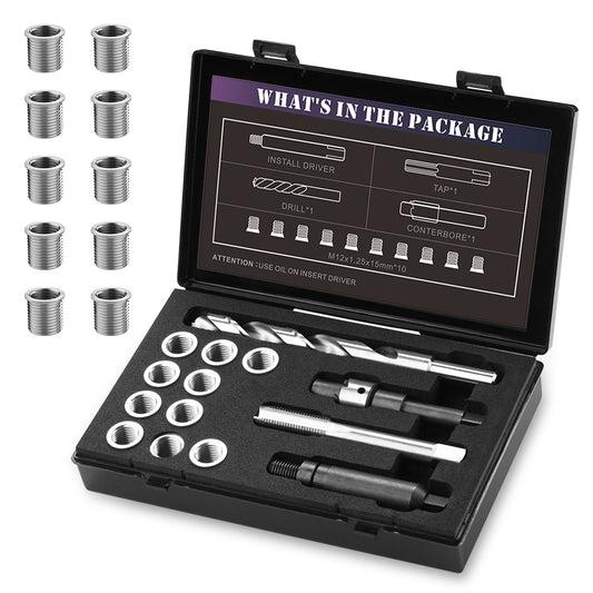 SENNMONN M12x1.25 Thread Repair Kit with Insert HSS Drill, Tap, Counterbore, Installation Driver, Metric, 10PCS Stainless Steel Insert M12X1.25X15MM