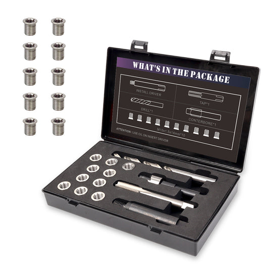 SENNMONN M10x1.5 Thread Repair Kit with 14mm Insert HSS Drill, Tap, Counterbore,Installation Driver,Stainless Steel Insert M10*1.5 * 14mm *10pcs